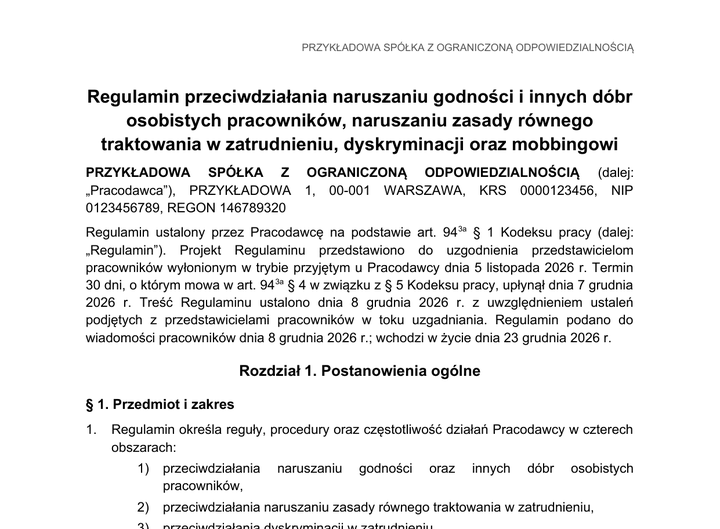 Pierwsza strona regulaminu z&nbsp;pakietu, z&nbsp;danymi przykładowej spółki.